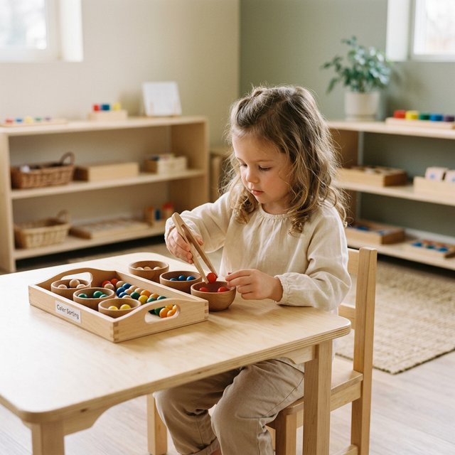 ילד לומד עם חומרים מונטסוריים
